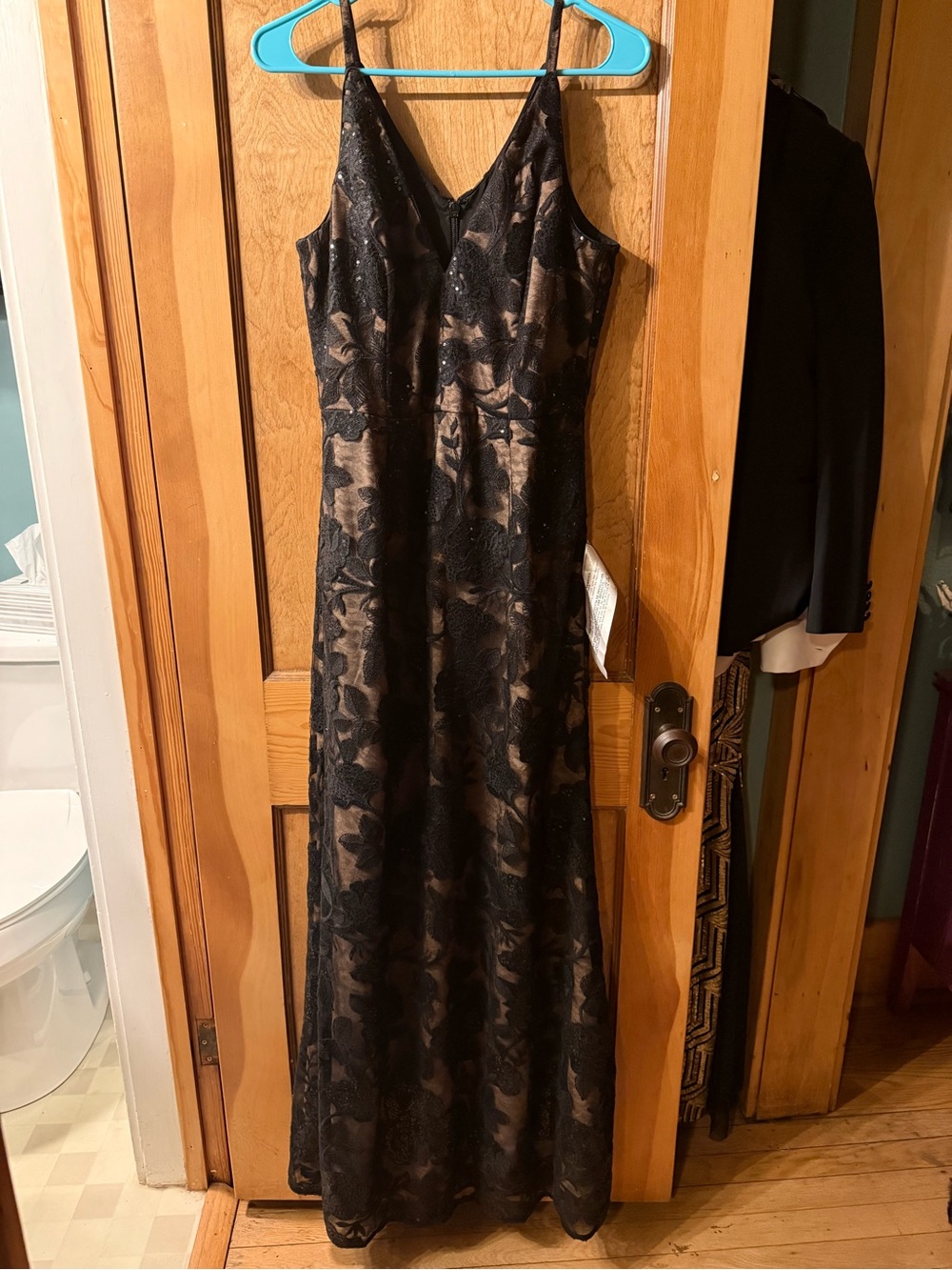 Dress the Population Black Floral Lace Evening Gown - Spaghetti Strap Dress